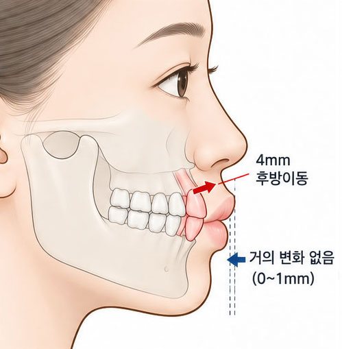 같은 치아이동량 — 입술 변화가 거의 없는 경우